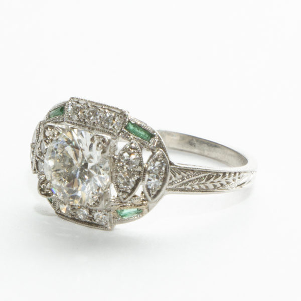 1.39 Total Carat Diamond And Emerald Art Deco Ring in Platinum ...