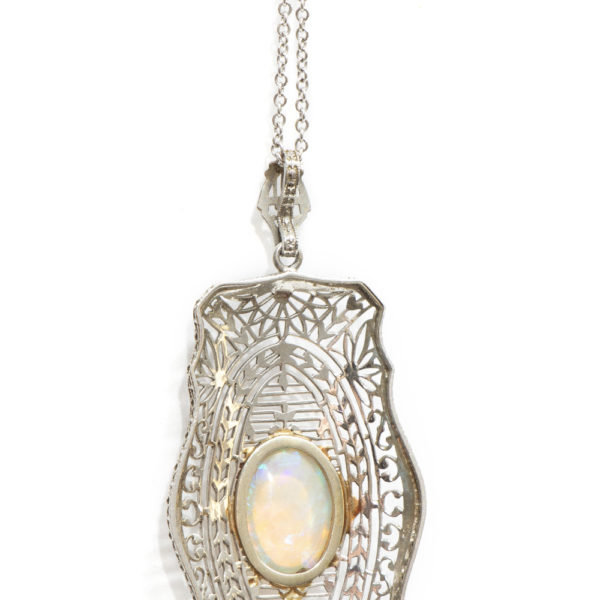 Antique Edwardian 2 Carat Opal Pendant Necklace in 14 Karat White Gold - Image 4