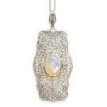 Antique Edwardian 2 Carat Opal Pendant Necklace in 14 Karat White Gold