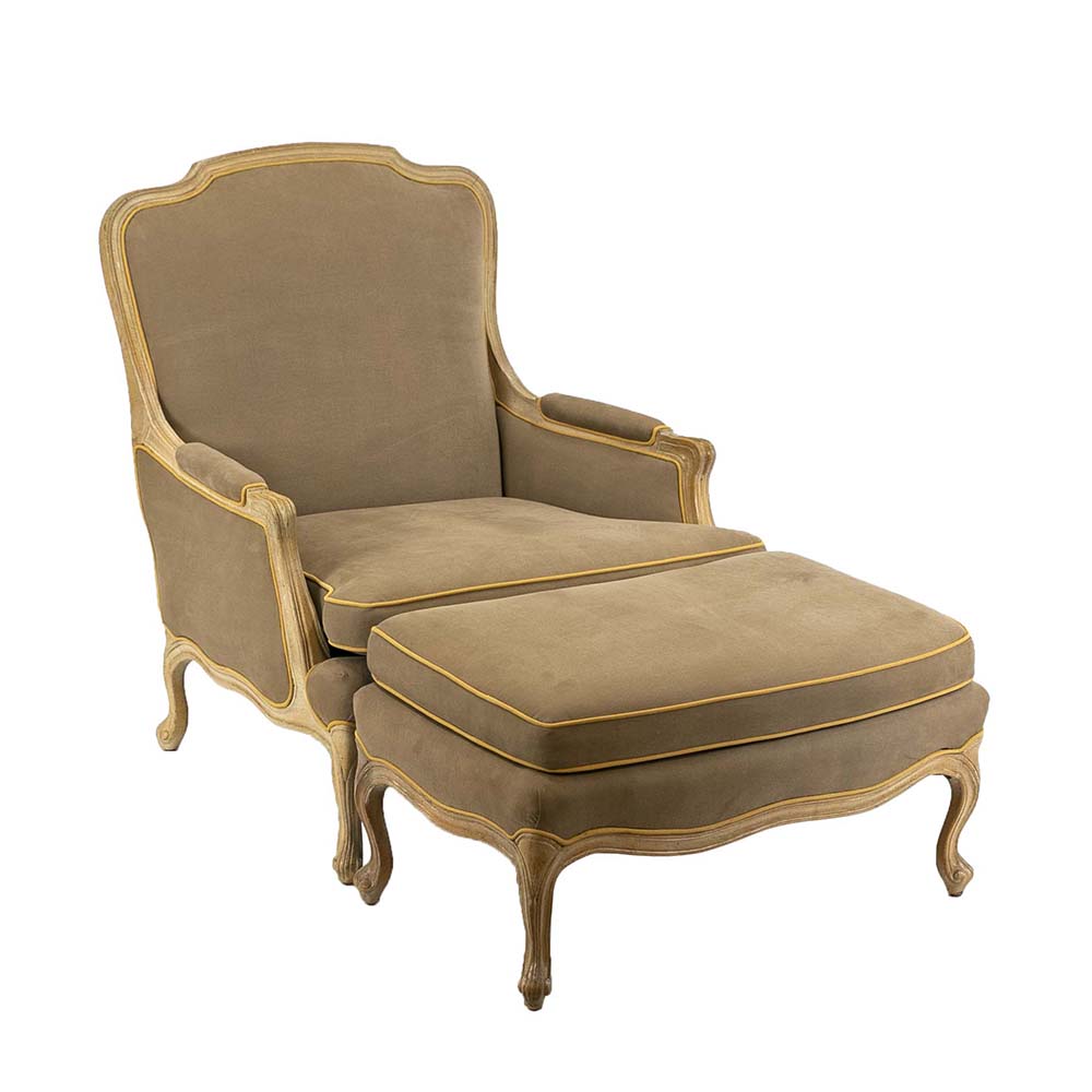 Louis XV Style Bergere Armchair With Neutral Contrasting Seat Cushion