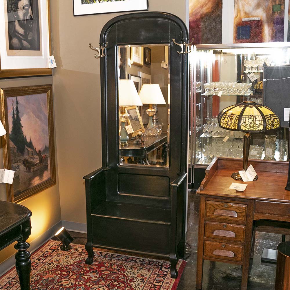 Painted Antique Hall Tree with Storage Bench and Mirror