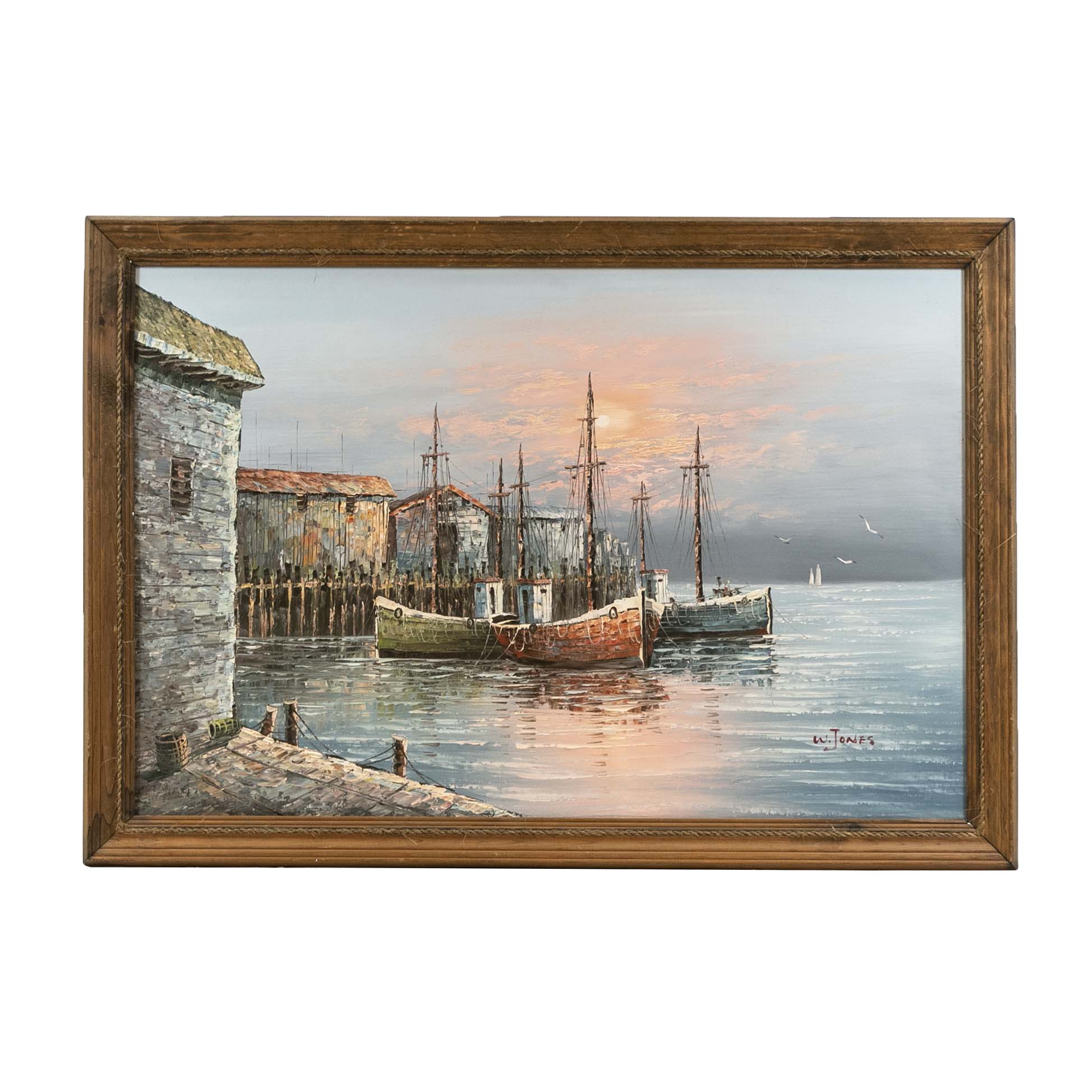 Vintage Mid Century Original Oil on Canvas Harborscape | Grandview