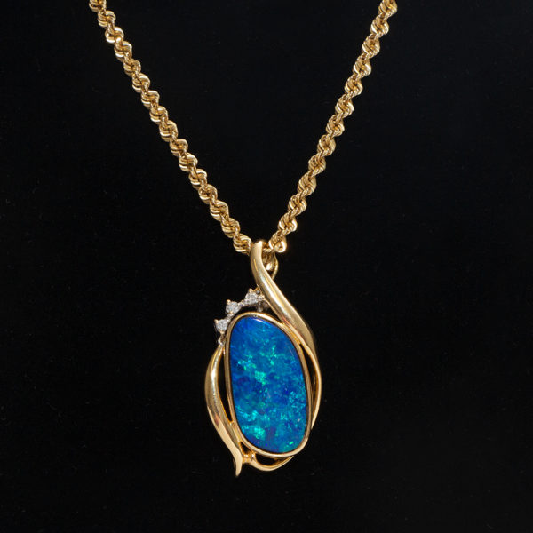 Black Opal and Diamond Pendant Necklace in 14 Karat Yellow Gold - Image 4