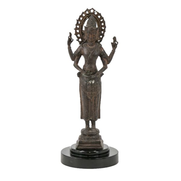 Kuan Yin Metal Statue on Black Lacquer Base - Image 1