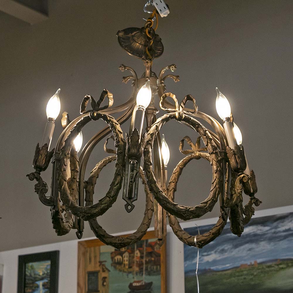 Vintage French Bronze Bowknot Wreath Chandelier