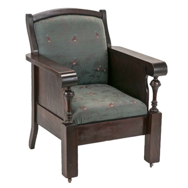 Antique Chair with Bell Turned Spindle Detail and Hunt Scene Upholstery - Image 1