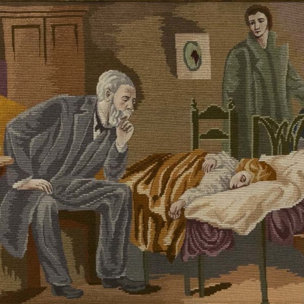 19th Century Tapestry with Medical Scene in Worn Gilt Frame - Image 2