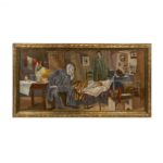 19th Century Tapestry with Medical Scene in Worn Gilt Frame