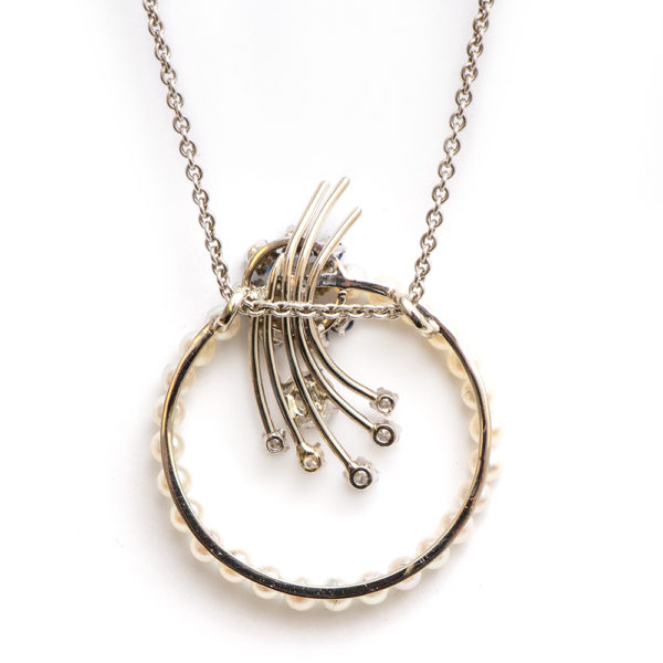 Mid Century 0.78 Total Carat Diamond, Sapphire, and Pearl Pendant Necklace in 14 Karat Gold - Image 4