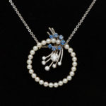 Mid Century 0.78 Total Carat Diamond, Sapphire, and Pearl Pendant Necklace in 14 Karat Gold - Image 2