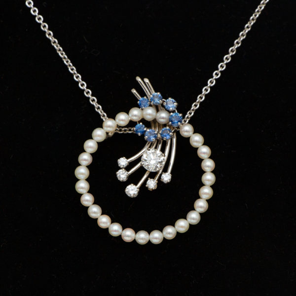 Mid Century 0.78 Total Carat Diamond, Sapphire, and Pearl Pendant Necklace in 14 Karat Gold - Image 2