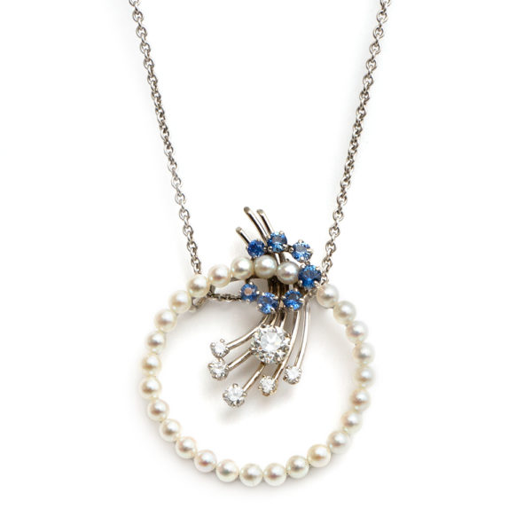 Mid Century 0.78 Total Carat Diamond, Sapphire, and Pearl Pendant Necklace in 14 Karat Gold - Image 1