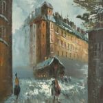 Original Mid Century Oil Painting of Abstracted Street Scene - Image 2