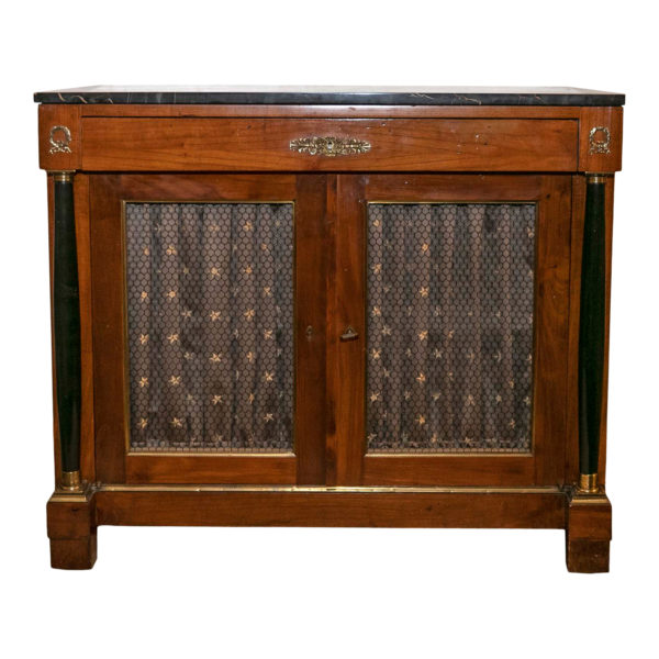 Vintage Neoclassical Credenza with Marble Top and Curtained Doors - Image 1