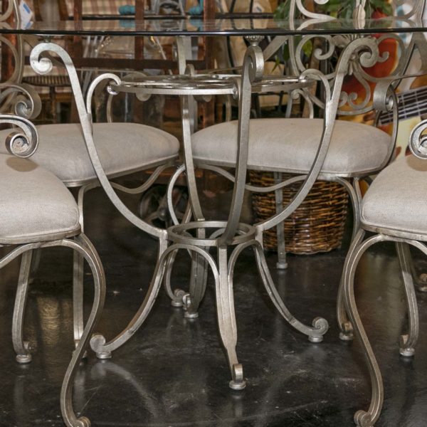 48” Round Glass Dining Table with Iron Base and 4 Chairs - Image 3