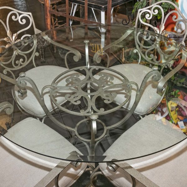 48” Round Glass Dining Table with Iron Base and 4 Chairs - Image 2