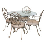 48” Round Glass Dining Table with Iron Base and 4 Chairs