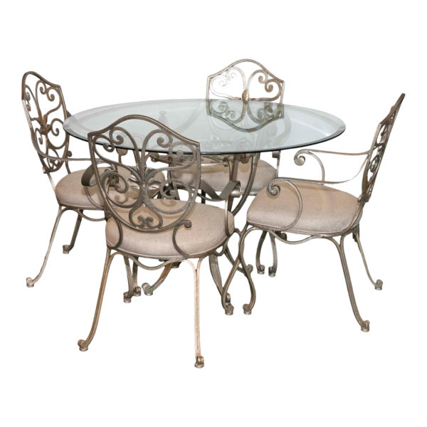 48” Round Glass Dining Table with Iron Base and 4 Chairs - Image 1