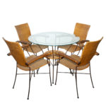 Vintage 36” Rattan and Metal Glass Top Table with 4 Chairs