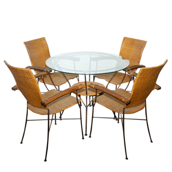 Vintage 36” Rattan and Metal Glass Top Table with 4 Chairs - Image 1