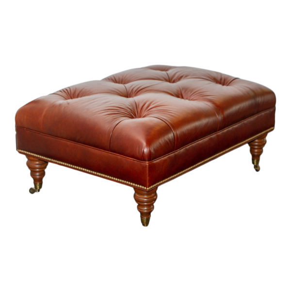 Brown Leather Button Tufted Ottoman with Nailhead Trim on Casters - Image 2
