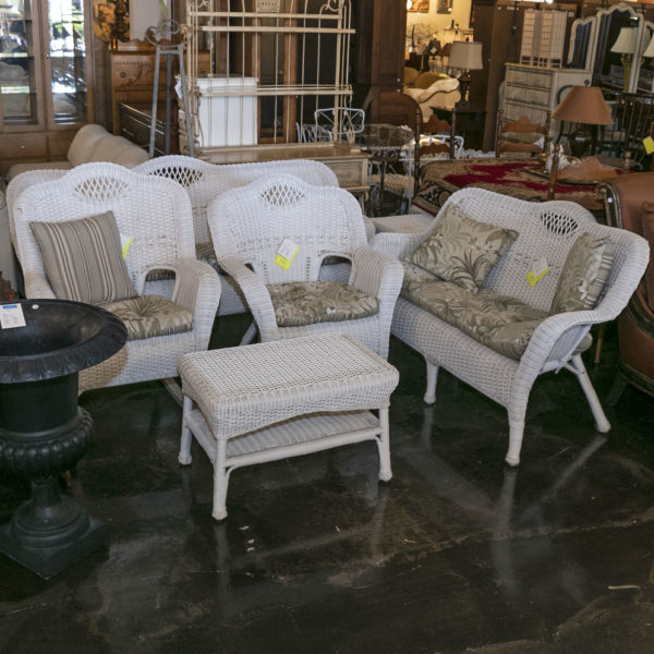 White Vinyl Outdoor Wicker Style Sofa With Tropical Print Seat Cushions - Image 7