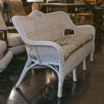 White Vinyl Outdoor Wicker Style Sofa With Tropical Print Seat Cushions - Image 2