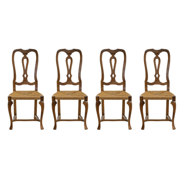 Set of 4 Queen Anne Style High Back Dining Chairs with Rush Seats - Image 1