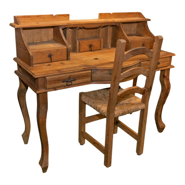 Pine Secretary Style Desk with Rush Seat Chair - Image 1