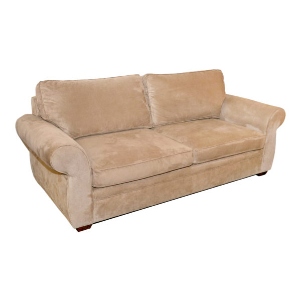 POTTERY BARN Beige Microsuede Upholstered Sofa - Image 6