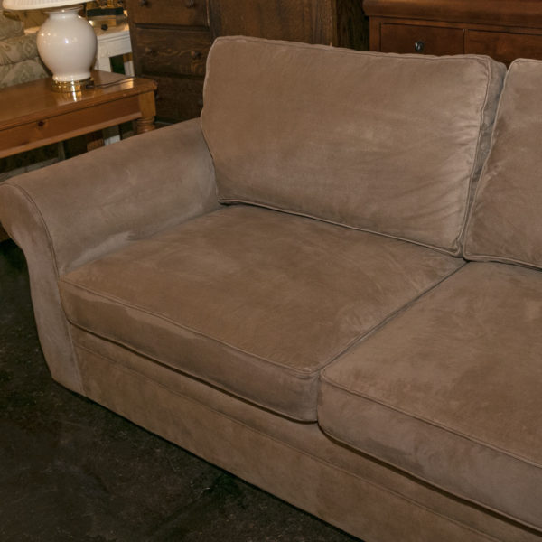 POTTERY BARN Beige Microsuede Upholstered Sofa - Image 4