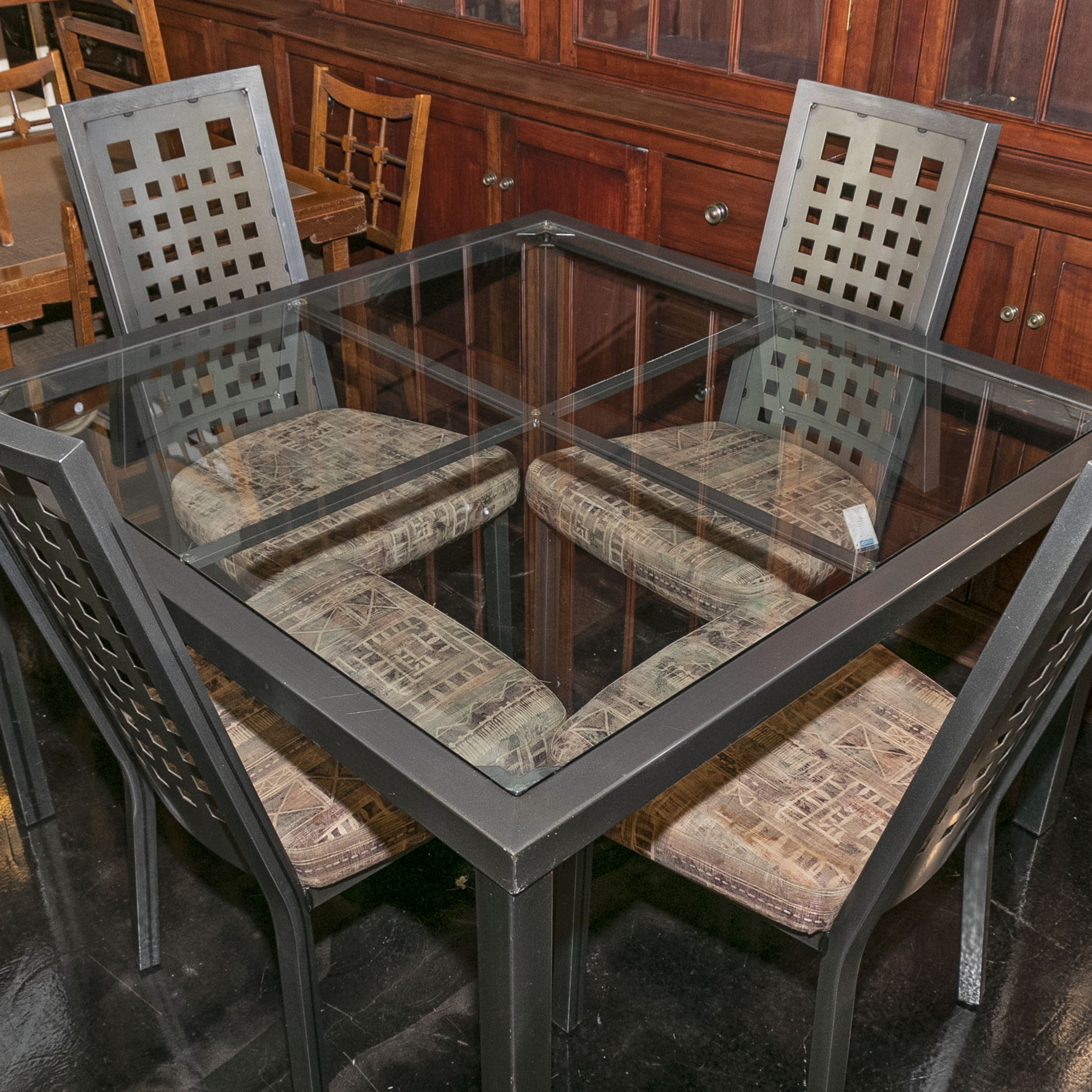 AMISCO Square Steel Table with Glass Insert and 4 Grid Back Chairs