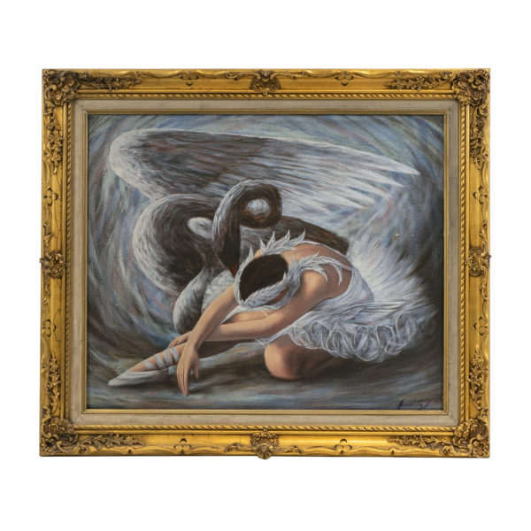 Original Oil on Canvas of Ballerina and Swan - Signed - Image 1