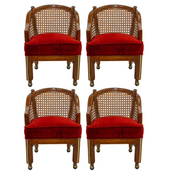 Set of 4 Vintage Barrel Cane Back Chairs on Casters - Image 1
