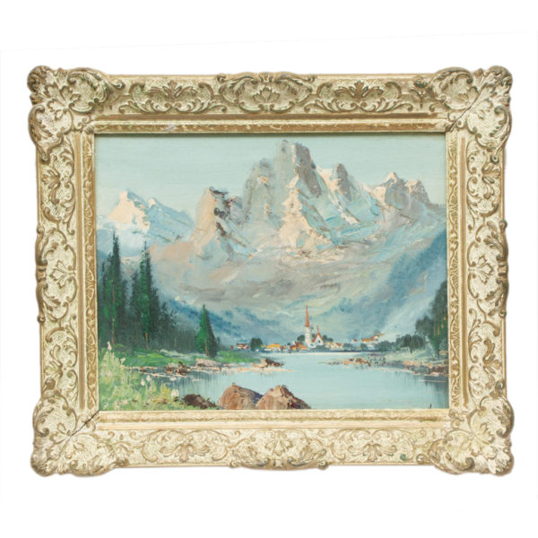 Original Oil on Canvas of European Village at the Base of a Mountain - Image 1