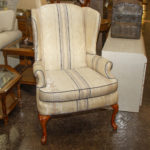 Vintage Wing Chair in Ivory, Blue, and Rose Damask