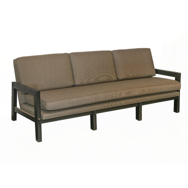 Outdoor Sofa in Beige and Black Stripe Upholstery with Black Wood Frame - Image 1