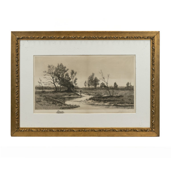 Antique Etching of Landscape with Fly Fisherman - Signed - Image 1