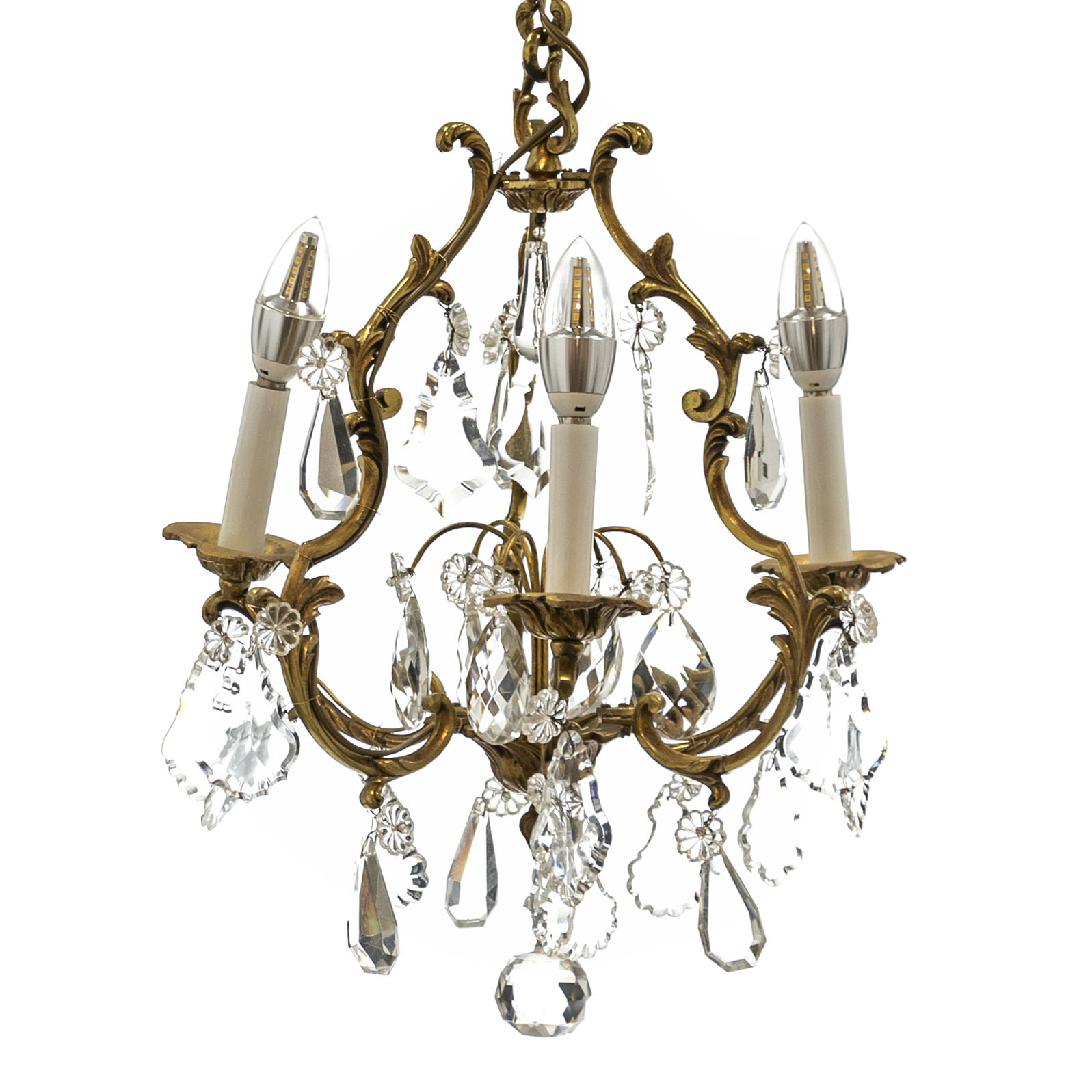 Small French Bronze and Crystal 3 Light Chandelier