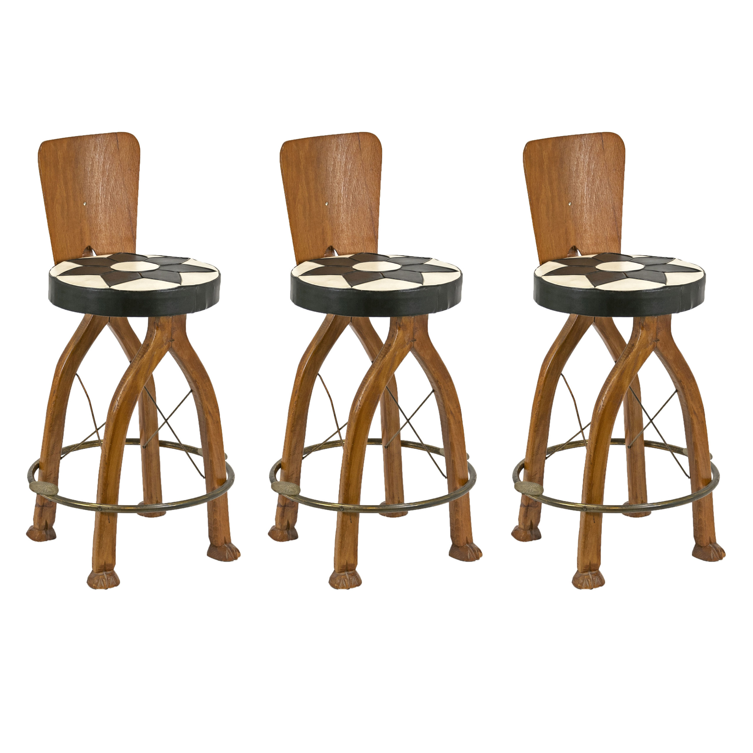 Set of 3 Vintage Turkish Carved Wood Camel Bar Stools | Grandview