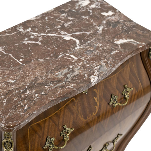 French Louis XV Style Inlaid Bombe Chest with Marble Top - Image 3