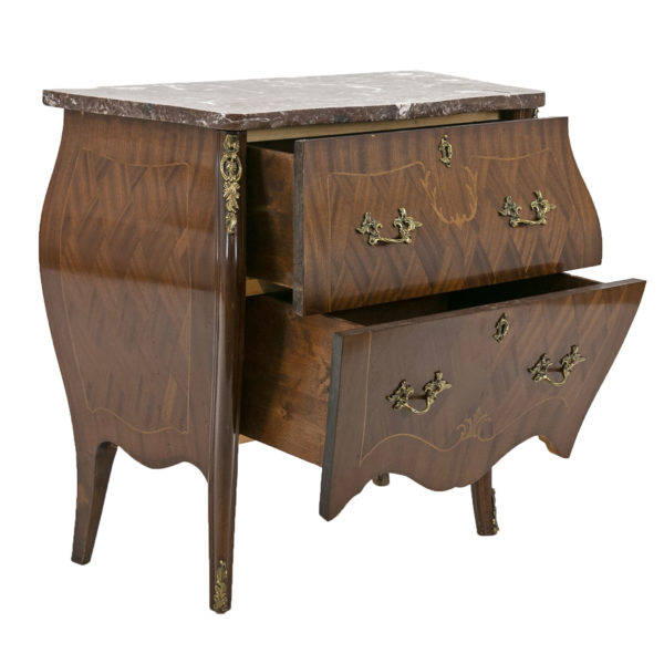 French Louis XV Style Inlaid Bombe Chest with Marble Top - Image 2