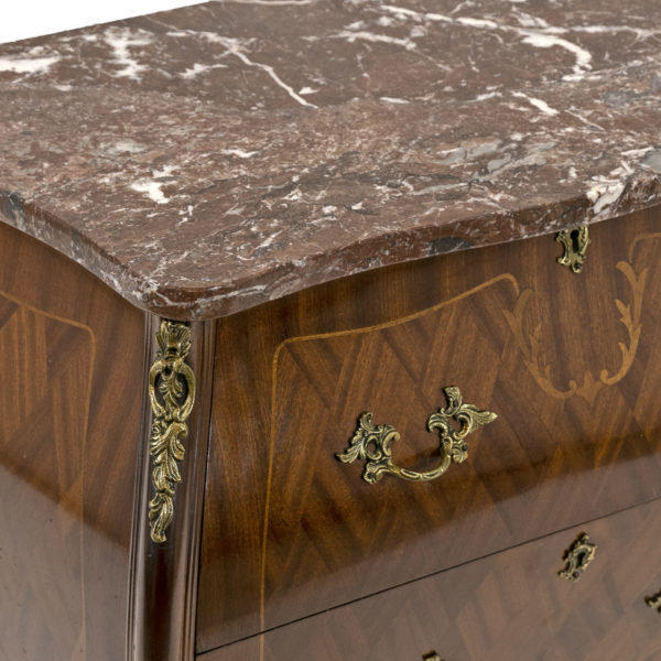 French Louis XV Style Inlaid Bombe Chest with Marble Top - Image 4