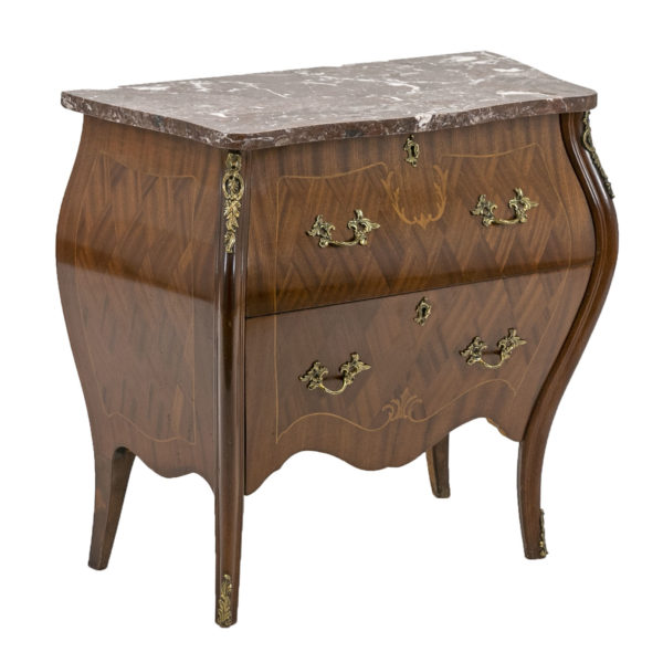 French Louis XV Style Inlaid Bombe Chest with Marble Top - Image 1