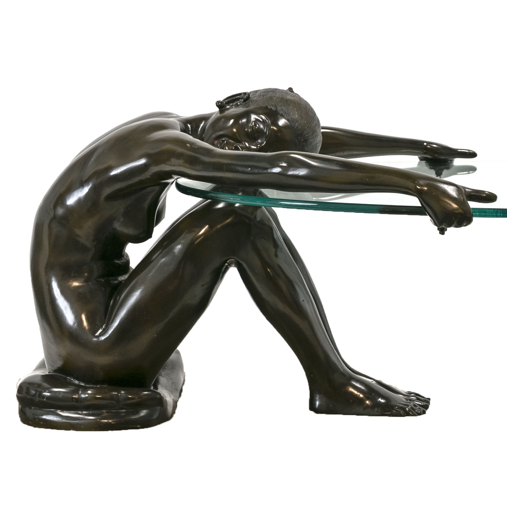 Art Deco Bronze Female Nude Sculpture Coffee Table with Oval Glass