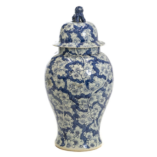 Blue and White Floral Lidded Urn with Foo Dog Finial - Image 1