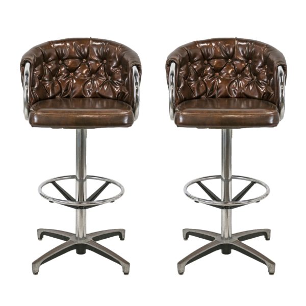 Pair of Vintage CHROMCRAFT Tufted Brown Vinyl Bar Stools - Image 1