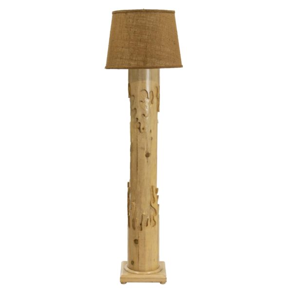 Carved Pine Floor Lamp with Burlap Shade - Image 1