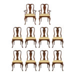 Set of 10 Queen Anne Cherry Dining Chairs with Gold Upholstery Seats