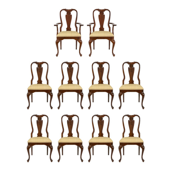 Set of 10 Queen Anne Cherry Dining Chairs with Gold Upholstery Seats - Image 1